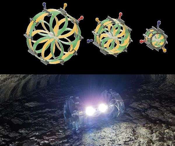 Origami style lunar rover wheel expands to climb steep caves