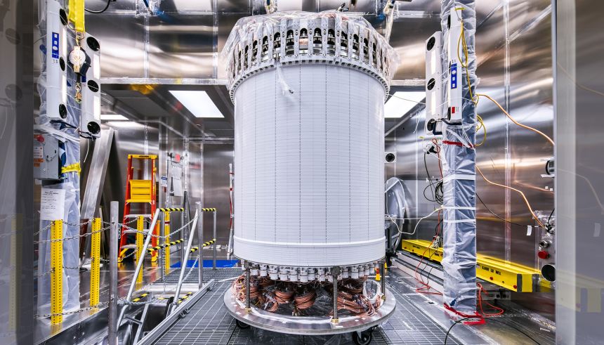 The central detector of the LZ Dark Matter Experiment at the Sanford Underground Research Facility in South Dakota, one of several ongoing experiments trying to observe dark matter.