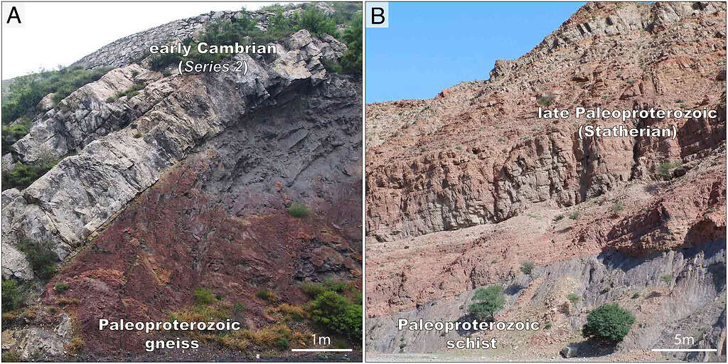 Ancient rock layers showing early Cambrian and late Paleoproterozoic formations. Showing regions of the great unconformity.
