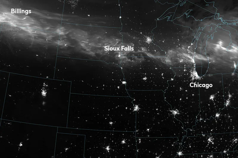 A view of the 10/11 May 2024 aurora display over the USA from space. Credit: NASA Earth Observatory image by Wanmei Liang, VIIRS data from Suomi National Polar-orbiting Partnership. Photo by Gunjan Sinha.