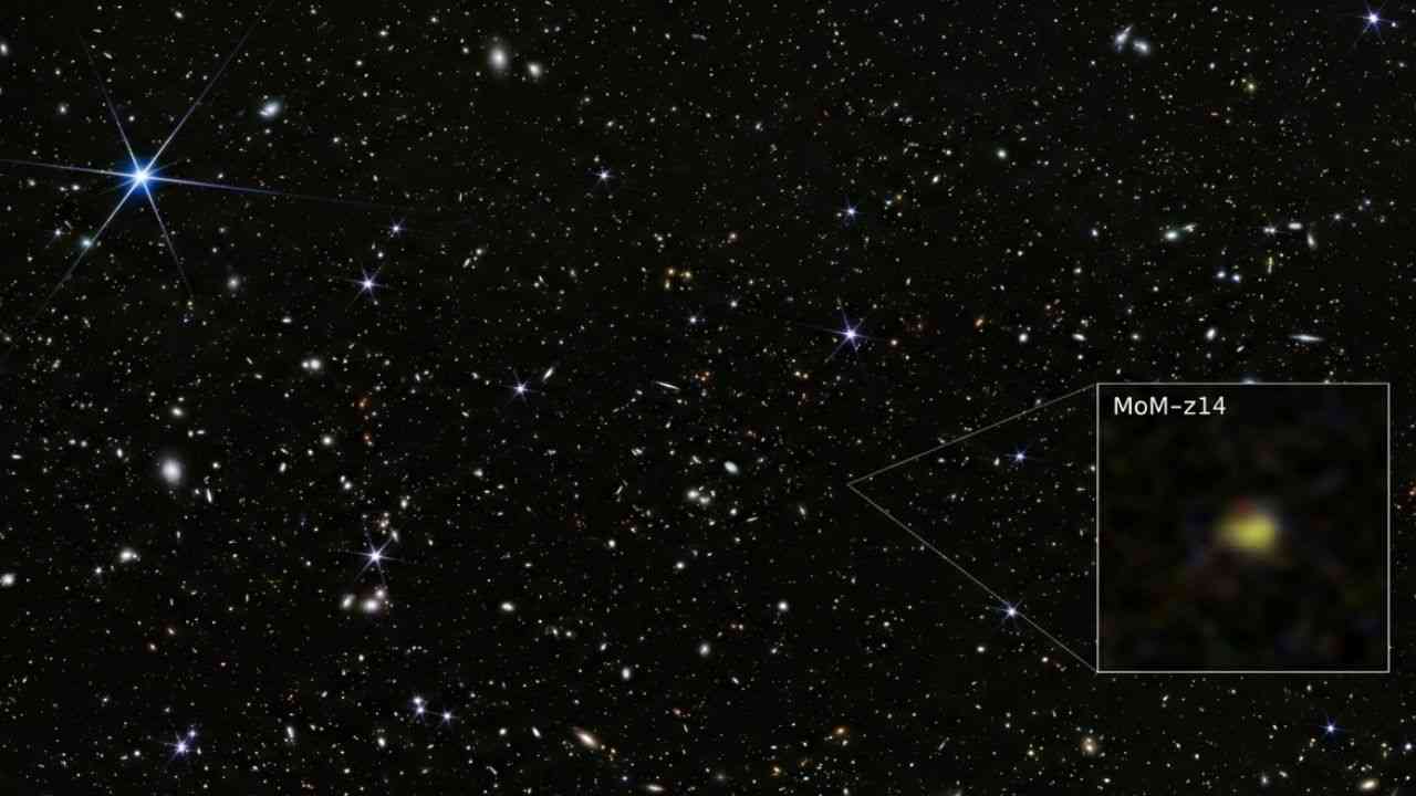 a newly discovered galaxy from the dawn of the Universe captured against the darkness of space