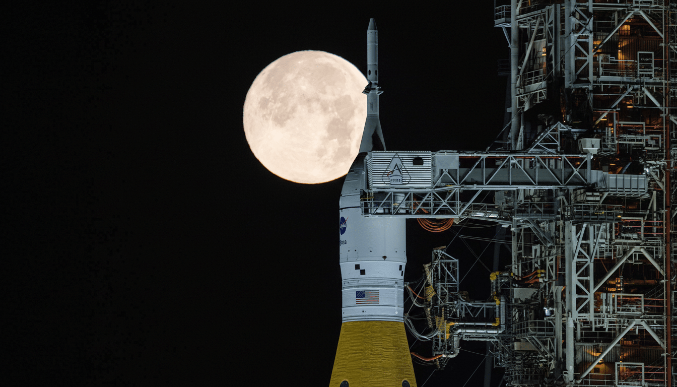 A full moon rises behind the Artemis I Space Launch System rocket at Launch Complex 39B at NASAs Kennedy Space Center in Florida.