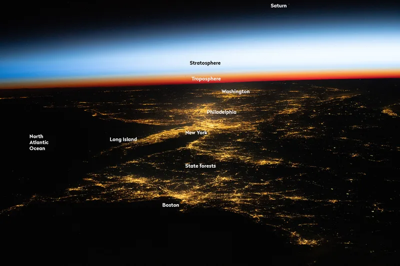 A view of northeastern USA at night, from space, including cities Washington, Philadelphia, New York and Boston. Credit: NASA/JSC Gateway to Astronaut Photography of Earth.