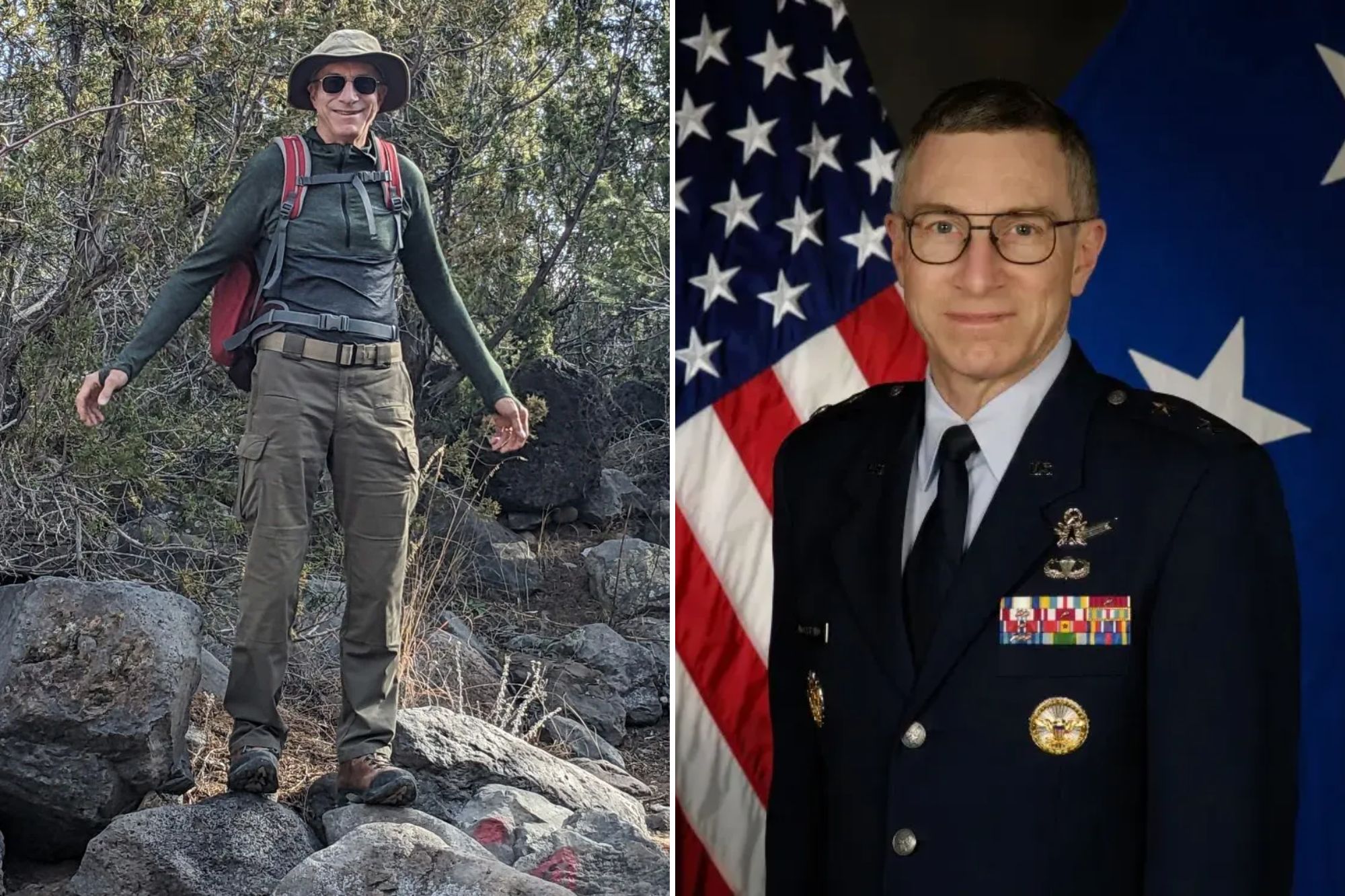 An image collage containing 2 images, Image 1 shows Missing person William "Neil" McCasland in hiking attire with a backpack, Image 2 shows William Neil McCasland in military uniform with medals