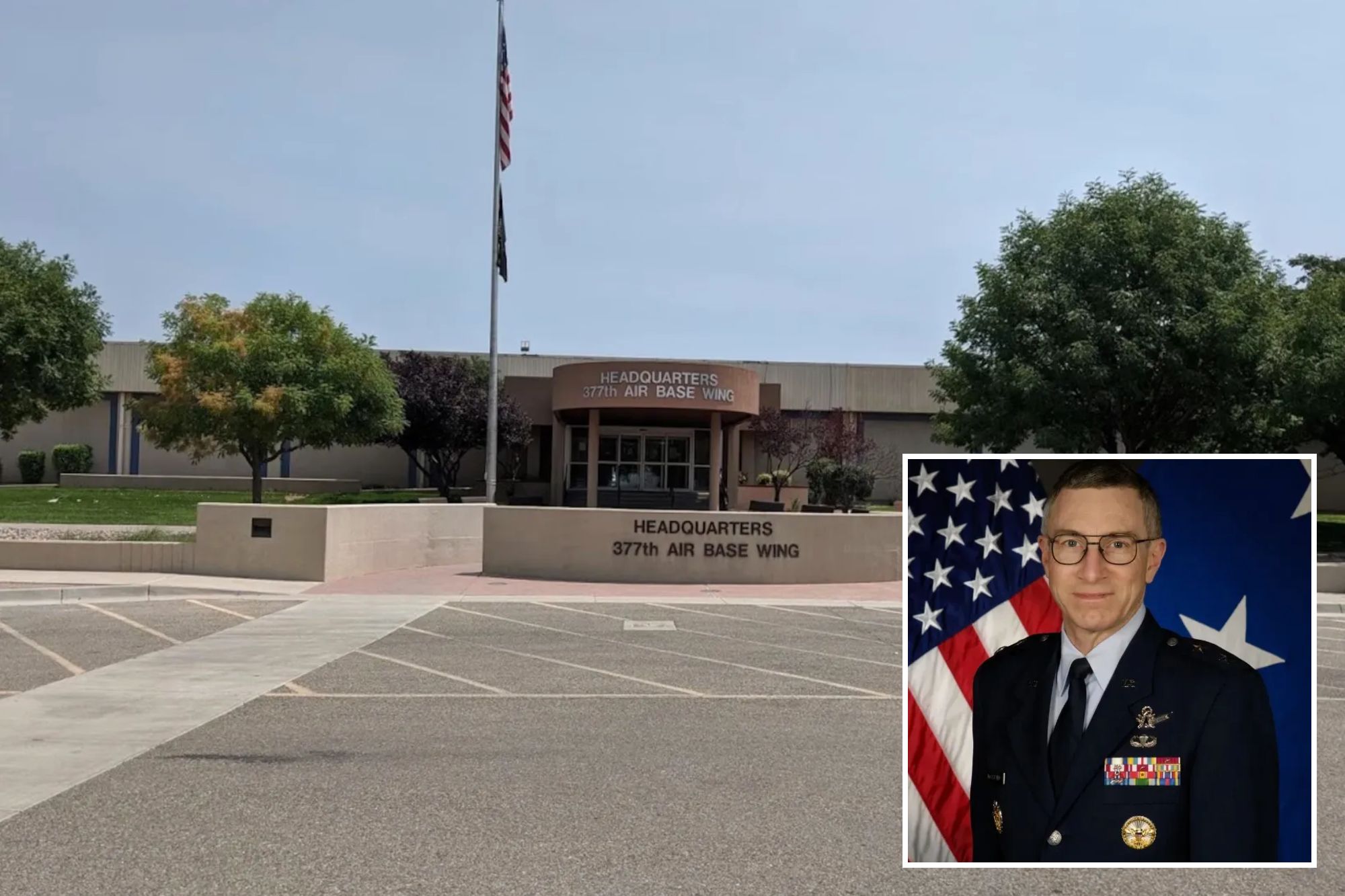 An image collage containing 2 images, Image 1 shows Headquarters of the 377th Air Base Wing at Kirtland, Image 2 shows Former US Air Force General William Neil McCasland, linked to UFO research, in uniform