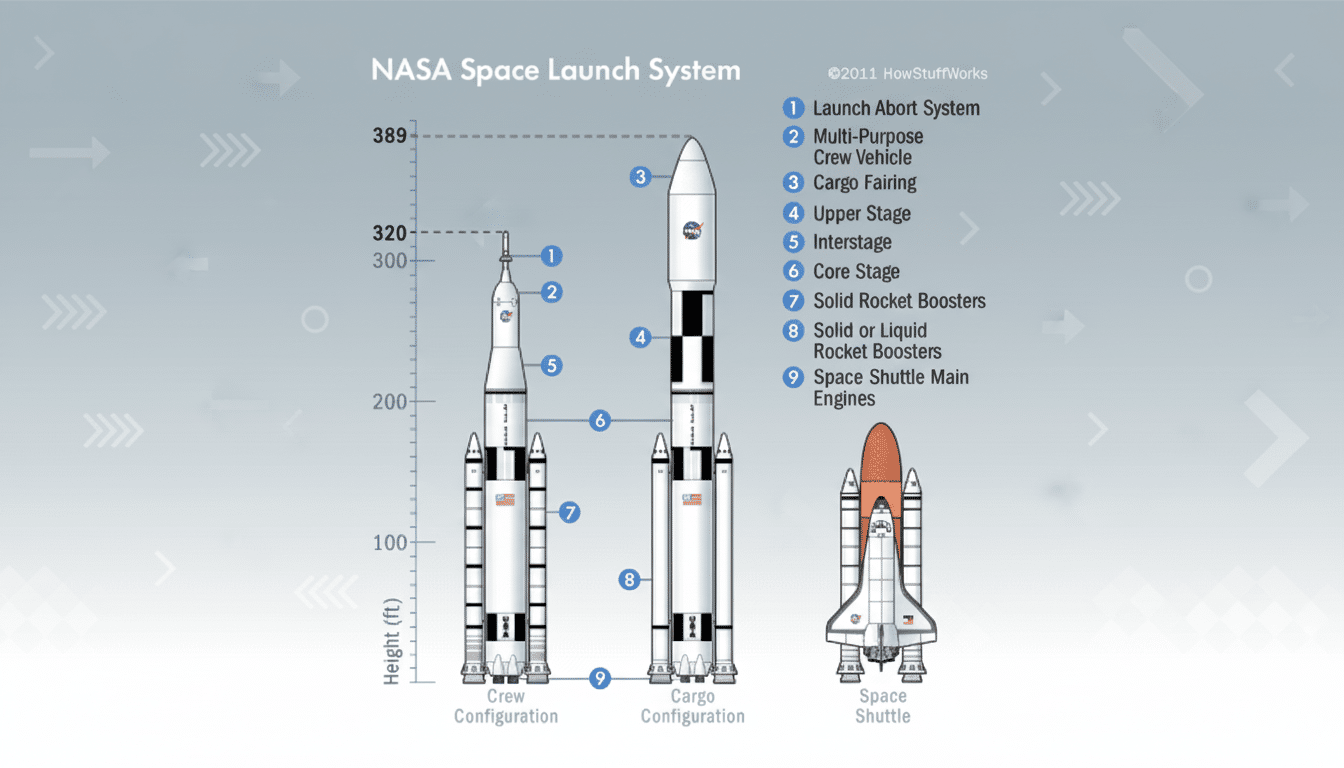 A professionally enhanced image of the NASA Space Launch System, resized to a 16:9 aspect ratio. The image displays three launch configurations: Crew Configuration, Cargo Configuration, and Space Shuttle, with various components labeled and a height scale in feet. The background has been updated to a professional flat design with soft patterns and gradients, while preserving the original rockets and text.