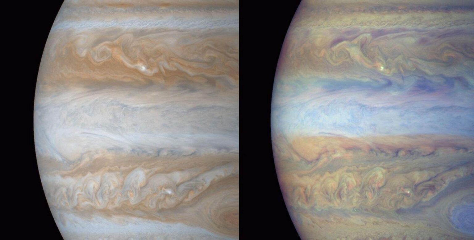 Jupiter in true and enhanced colour. (NASA/JPL/University of Arizona)