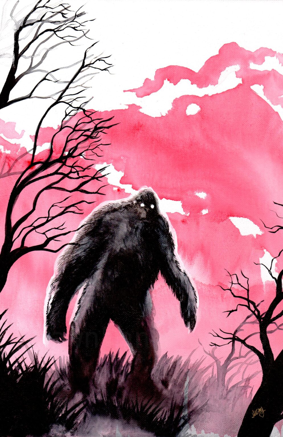 My original artwork, "Bigfoot: Blood Mountain", created by hand with acrylic paint, Pentel pens and Yasutomo inks.