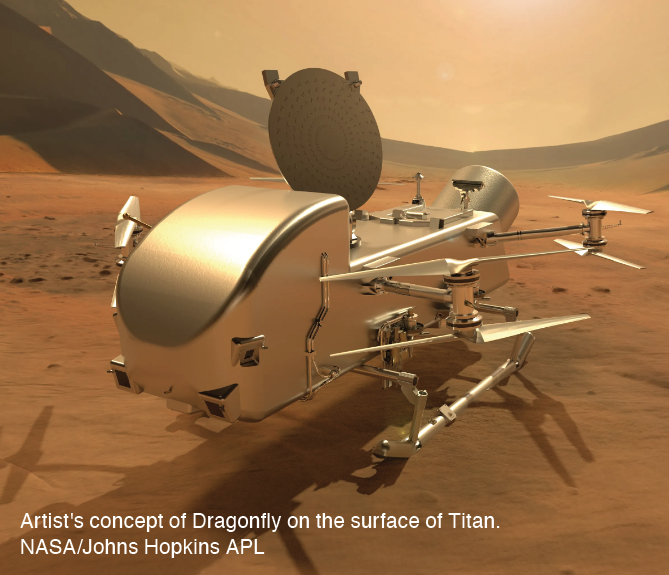 Artist's concept of Dragonfly on the surface of Titan. NASA/Johns Hopkins AP