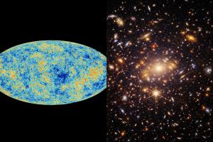 Comparison of Planck cosmic microwave background map and James Webb Space Telescope deep-field image of distant galaxies. Image Credit (Source)  Left: ESA / Planck Collaboration Right: NASA / ESA / CSA / STScI (James Webb Space Telescope)