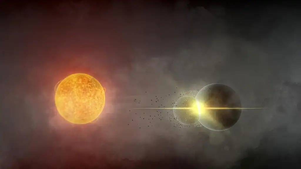 Illustration of two planets colliding. and releasing debris