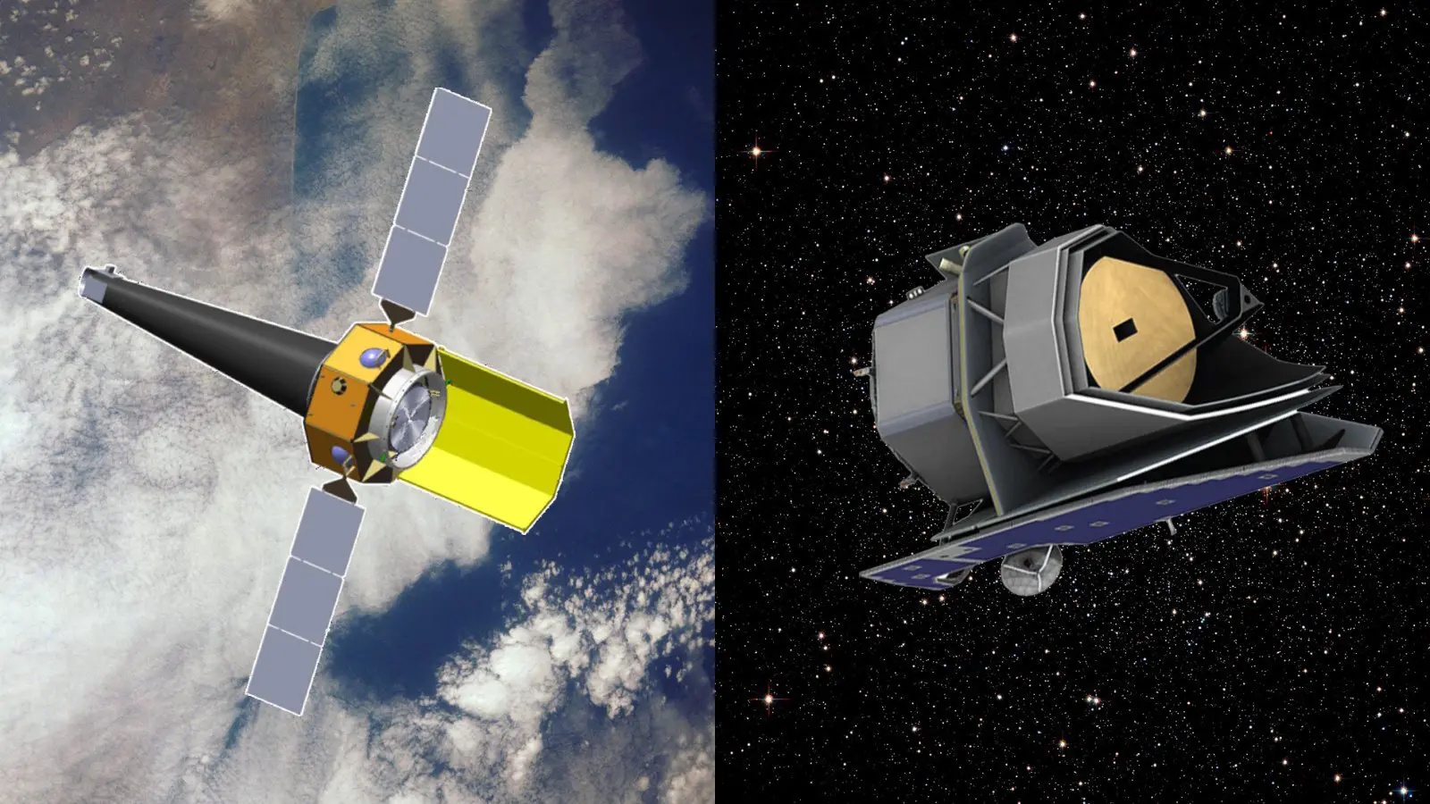 Two satellite telescopes in space: one near Earth with solar panels and a yellow body, and one farther in deep space with a large, exposed mirror.