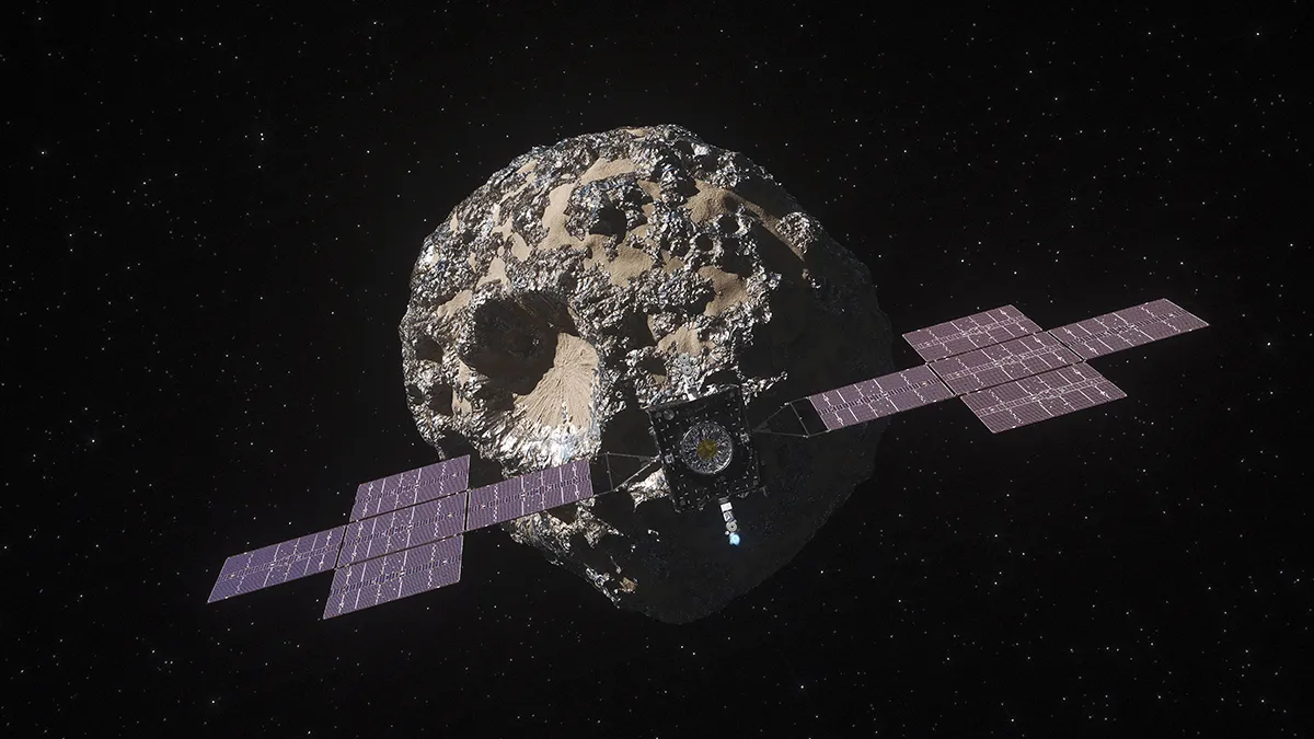 Artist's impression of the Psyche mission exploring the asteroid. Credit: NASA/JPL-Caltech