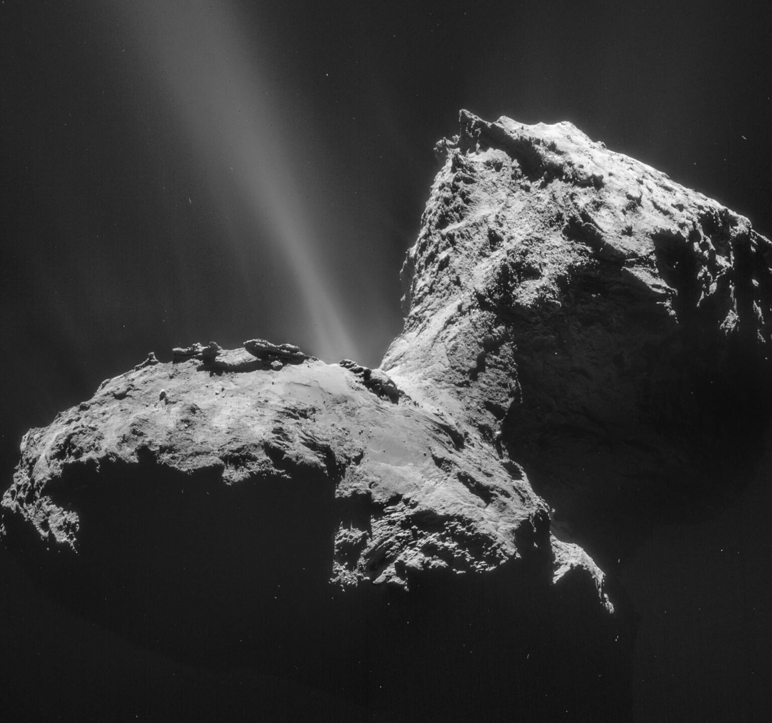 Comet 67P/Churyumov-Gerasimenko as seen by space probe Rosetta's NAVCAM taken from a distance of 28.0 km from the centre of the comet on 31 January 2015.