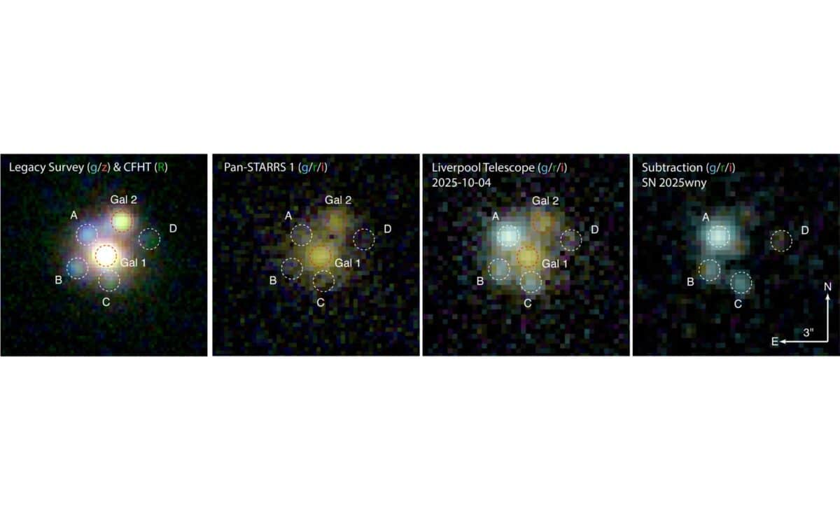 Sn 2025wny Gravitational Lens System Composite Images Before The Explosion And Four Lensed Supernova Images Revealed After Subtraction©the Astrophysical Journal Letters