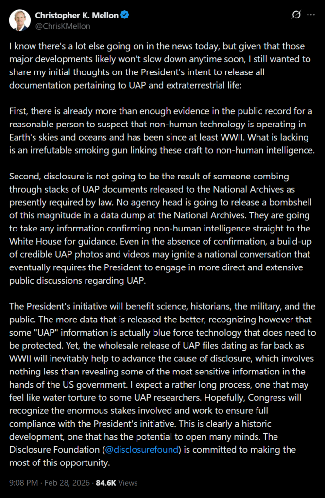 Serious: Chris Mellon keeping it real: "I expect a rather long process, one that may feel like water torture to some UAP researchers."