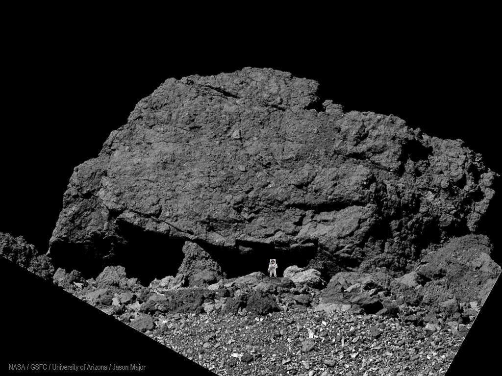Largest boulder on asteroid Bennu (with Buzz Aldrin for scale)