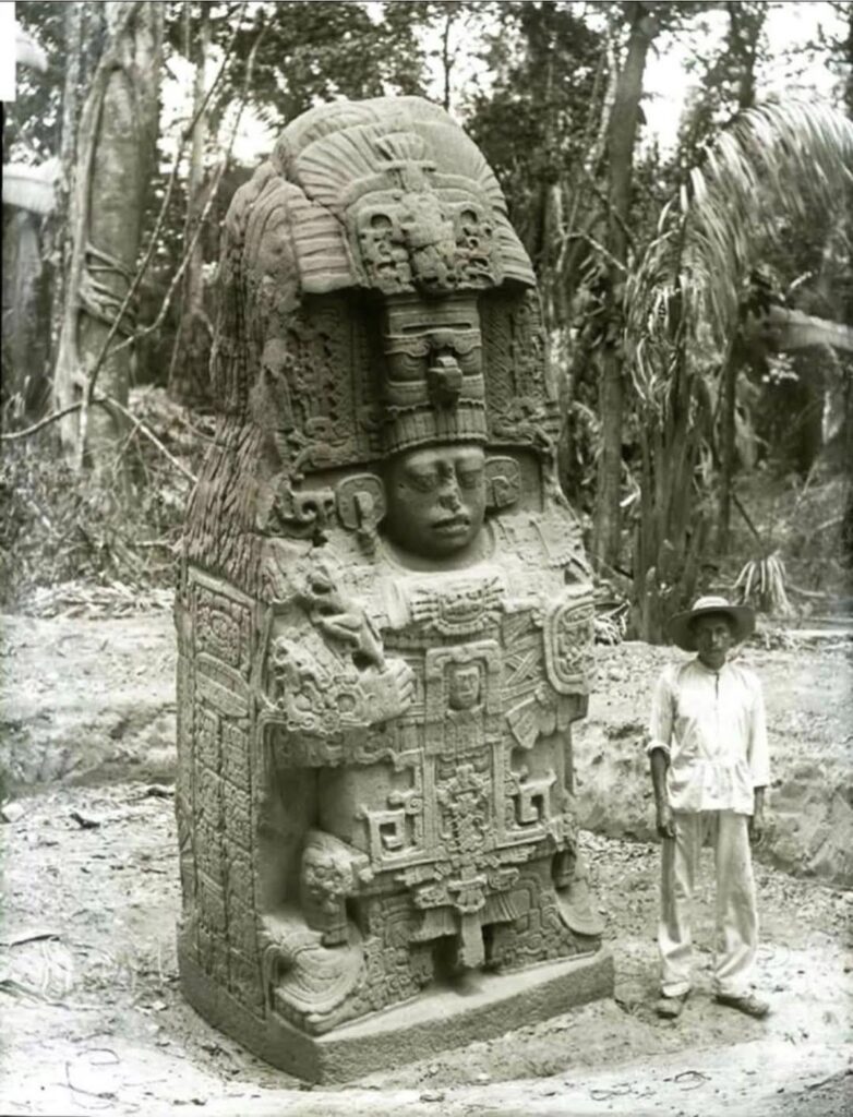 In the late 1800s, explorers photographing the jungles of Guatemala captured this image of Stela K at Quiriguá, an ancient Maya city near the Motagua River.
By that time, the monument had already been standing for more than 1,200 years. In the late 1800s, explorers photographing the jungles of Guatemala captured this image of Stela K at Quiriguá, an ancient Maya city near the Motagua River.
By that time, the monument had already been standing for more than 1,200 years.