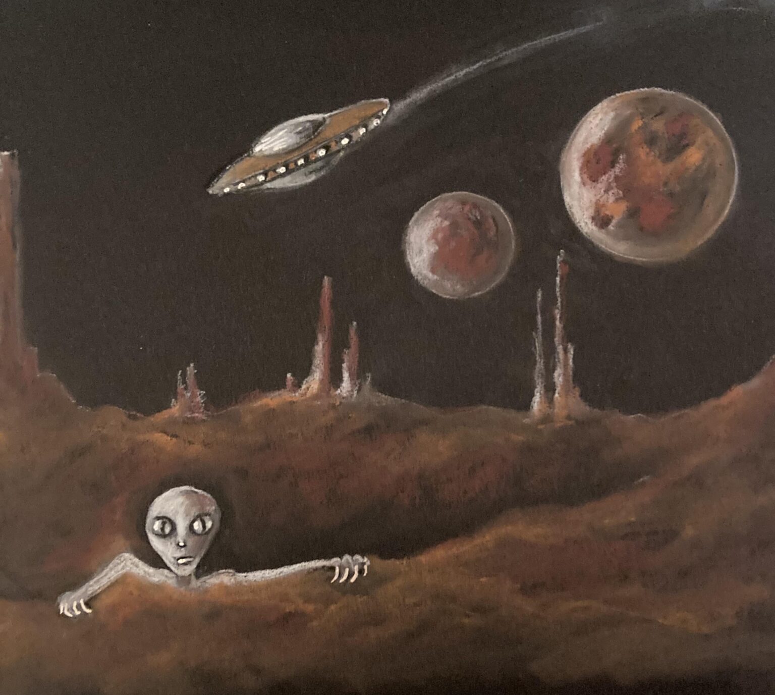 SERIOUS. My version of Life “Off Planet” .  Original Art / Pastels on Black Paper.  ( Thanks for letting me post! )