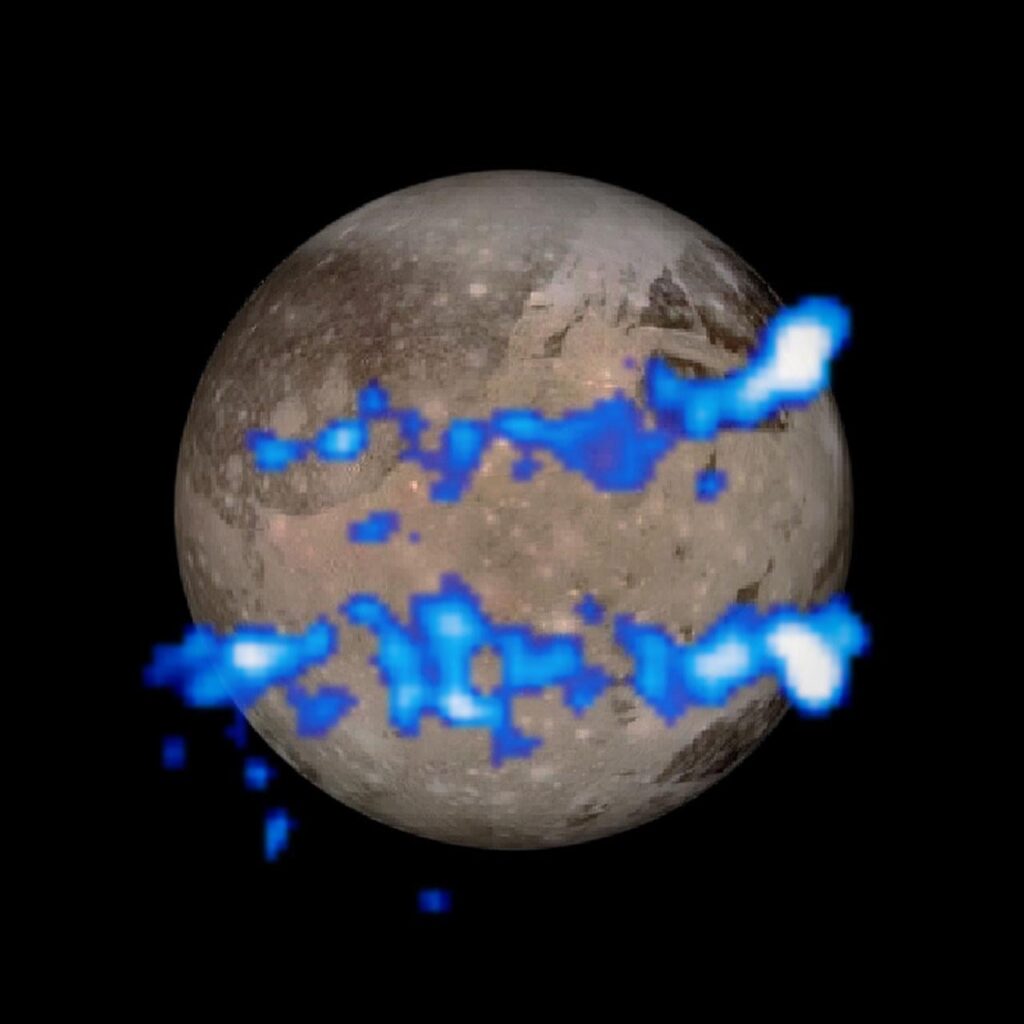 The NASA/ESA Hubble Space Telescope imaged a pair of auroral belts encircling the Jovian moon Ganymede.  Credit:
NASA, ESA, and J. Saur (University of Cologne, Germany)