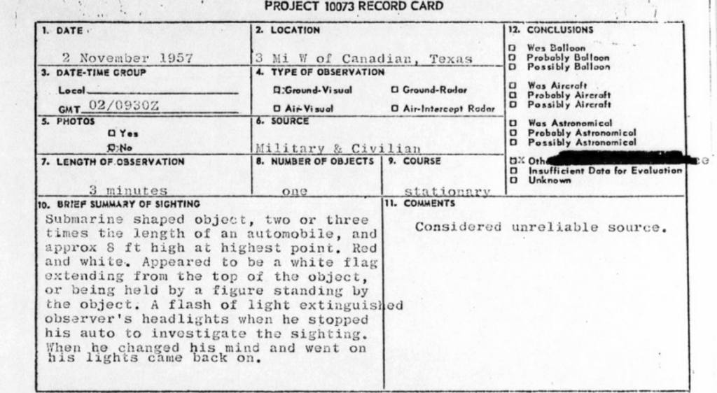 Texas 1957 - Multiple military witnesses see a submarine shaped red & white UAP with a white flag on top, OR a figure holding a white flag, the UAP makes their car headlights stop working
