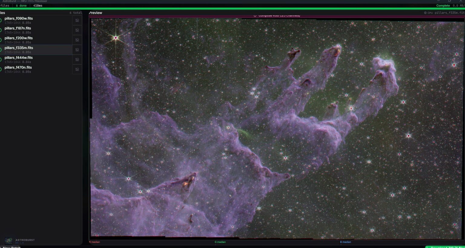 I built AstroBurst — an open-source FITS processor in Rust/WebGPU. Here's JWST's Pillars of Creation composed from raw NIRCam data.