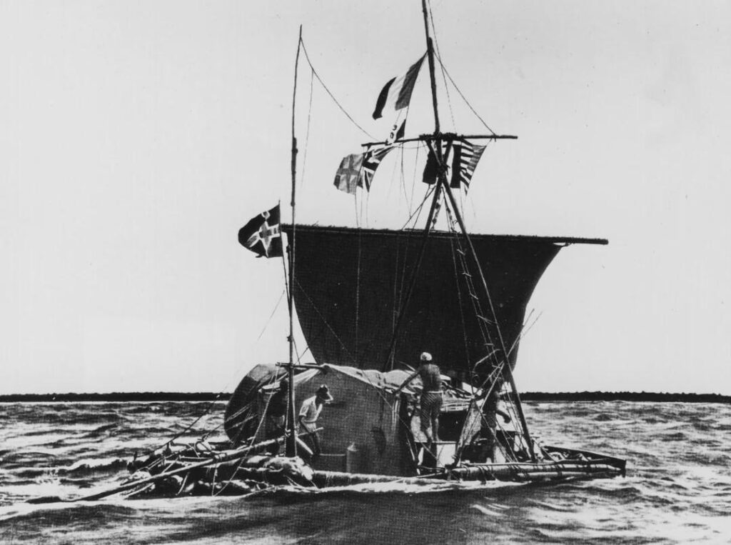 Norwegian ethnologist Thor Heyerdahl and his raft 'Kon-Tiki' crossing the Pacific Ocean. Heyerdahl built the boat and sailed it from Peru to Polynesia in 101 days, thus demonstrating that trips of that magnitude were within the realm of possibility for prehistoric peoples (1947)