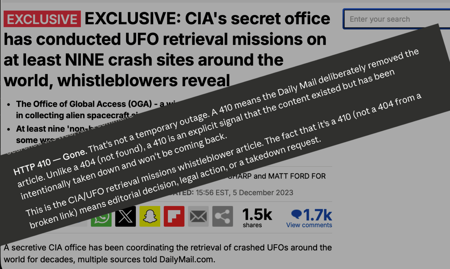 The Daily Mail Appears to Have Removed the article I co-wrote with Christopher Sharp and Josh Boswell regarding the CIA Office of Global Access UAP Crash retrieval program.