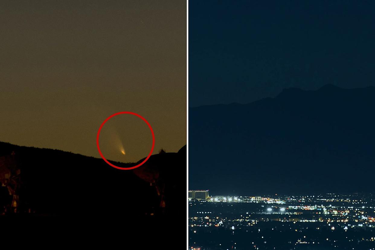 An image collage containing 2 images, Image 1 shows Comet PanSTARRS setting over the Very Large Array radio telescope dishes, Image 2 shows The comet PanSTARRS and a waxing crescent moon above the Stratosphere Casino Hotel and the Las Vegas skyline at night