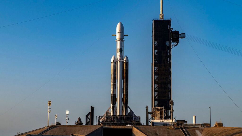 The rarely seen Falcon Heavy is expected to send up the ViaSat-3 F3 mission from the Kennedy Space Center’s Launch Complex 39A. (SpaceX)