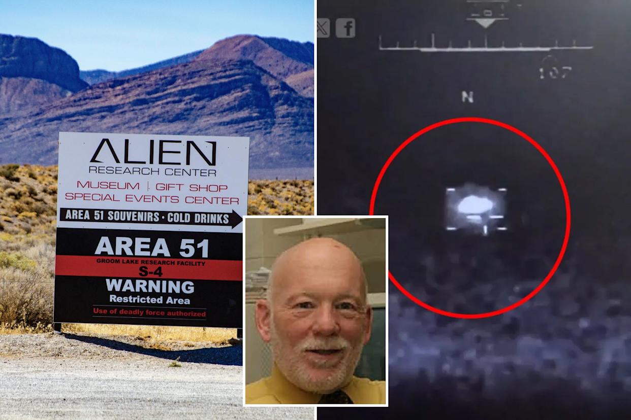 An image collage containing 3 images, Image 1 shows An Area 51 sign in Nevada's Crystal Springs, Basin and Range National Monument, Image 2 shows A dark infrared image of an unidentified flying object, circled in red, with navigational readouts around it, Image 3 shows Headshot of Don C. Donderi