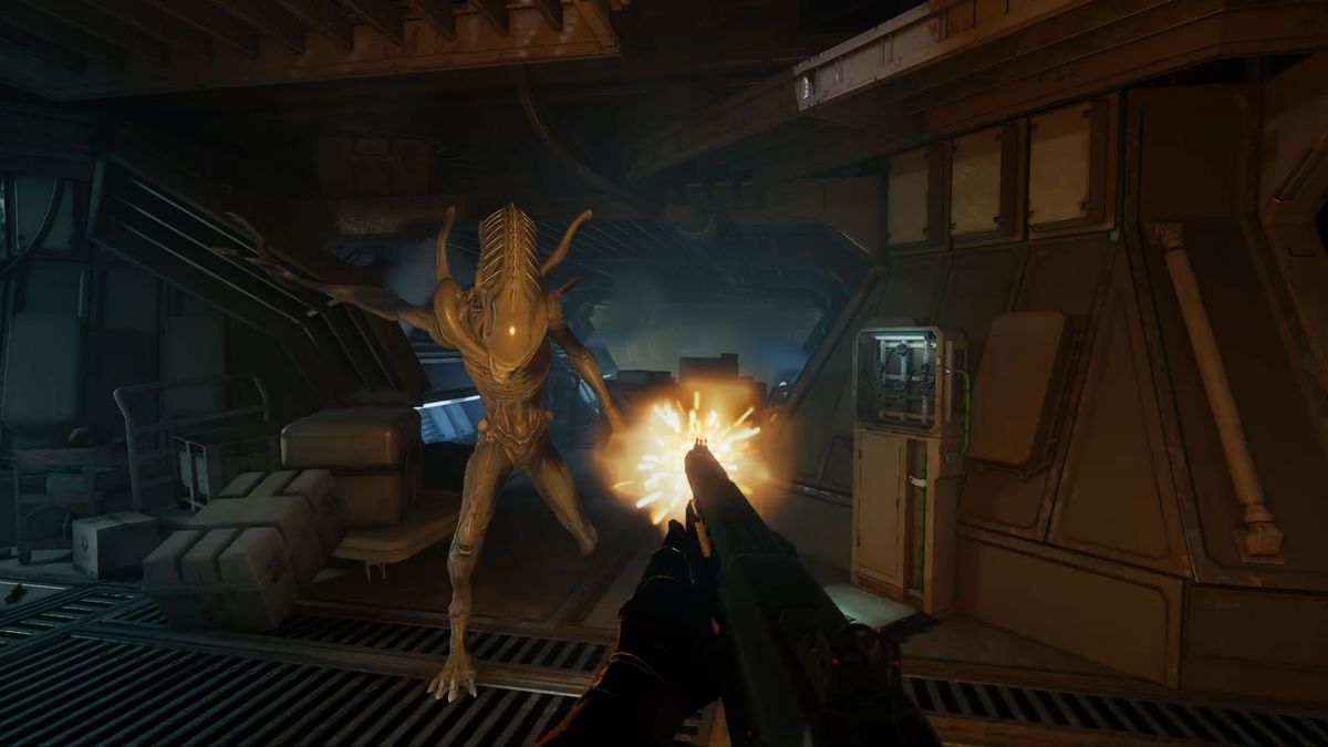 The player firing at a xenomorph using a shotgun