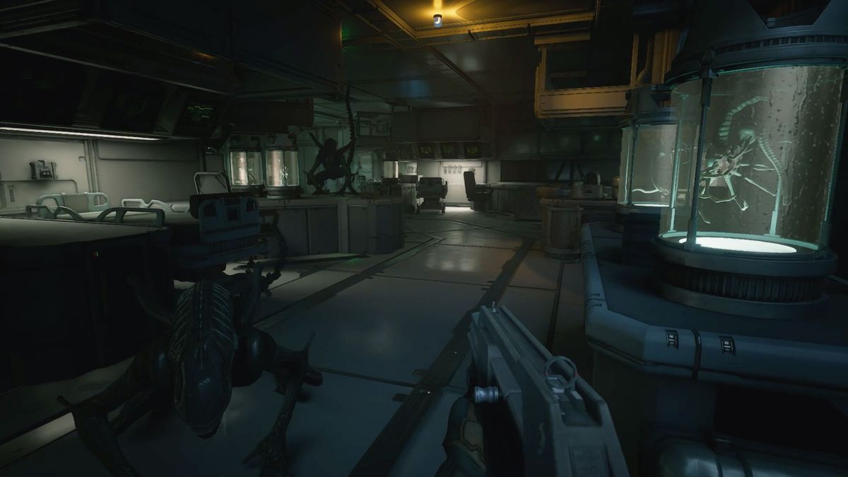 The player exploring a lab with various alien creatures in test tubes.