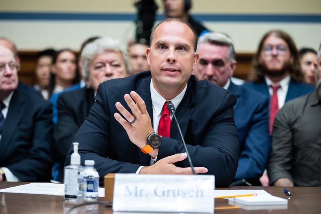 David Grusch, former National Reconnaissance Office representative on the Defense Department’s Unidentified Aerial Phenomena Task Force, testifies at a UAP hearing in Rayburn Building on July 26, 2023. CQ-Roll Call, Inc via Getty Images