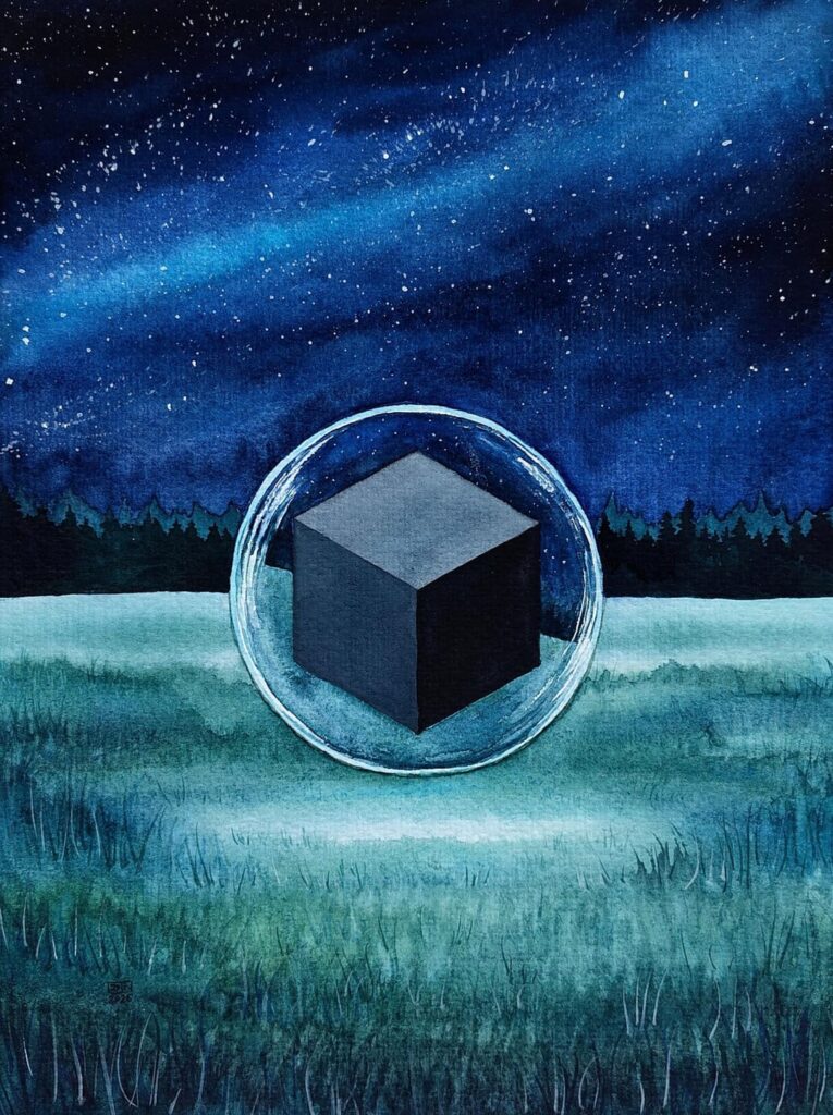 Cube In Sphere, a watercolour painting inspired by witness testimonies