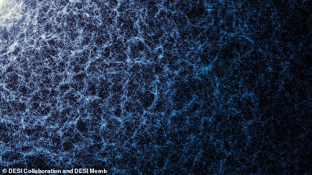 Each dot in this stunning picture represents an individual galaxy. Denser, brighter regions are areas where galaxies and galaxy clusters clump together to form the strands of the cosmic web