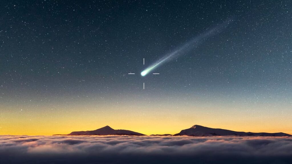 Illustration of a bright comet with a long tail in the night sky