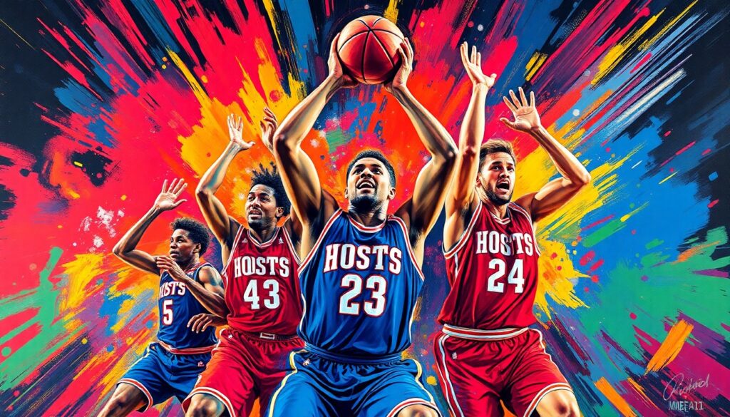 An abstract, energetic painting featuring bold brushstrokes in neon shades of orange, pink, and blue, capturing the dynamic, championship-winning spirit of the Houston Comets basketball team.