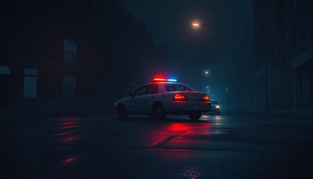 A cinematic painting of a lone police car parked on a deserted city street at night, with muted colors and reflections of the red and blue lights on the wet pavement, conveying a sense of tension and uncertainty around immigration issues.