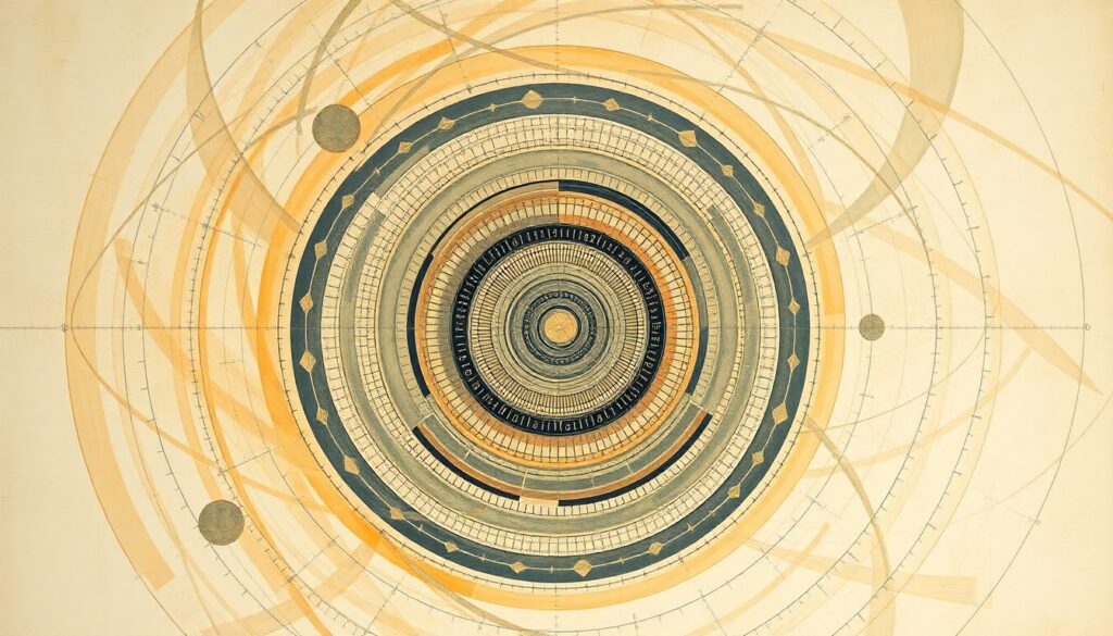 Iowa State Alum Joins NASA Team for Artemis II Recovery A bold, abstract painting in the style of Hilma af Klint, featuring sweeping geometric arcs, concentric circles, and precise spirals in earthy tones, representing the complex logistical and technological challenges of recovering astronauts from the Artemis II mission.