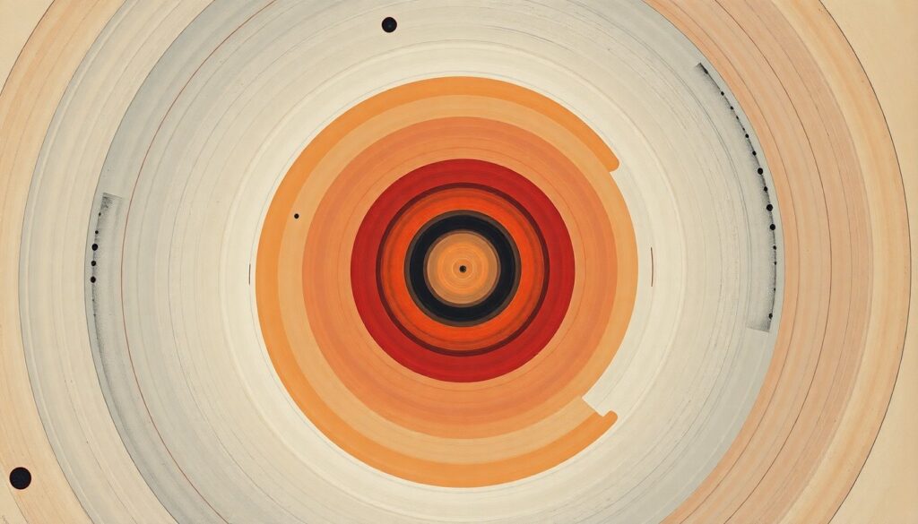 A bold, abstract painting in soft blues, greens, and purples featuring sweeping geometric arcs, concentric circles, and precise spirals, conceptually representing the complex behavior and oscillation of neutrinos as they travel through the universe.