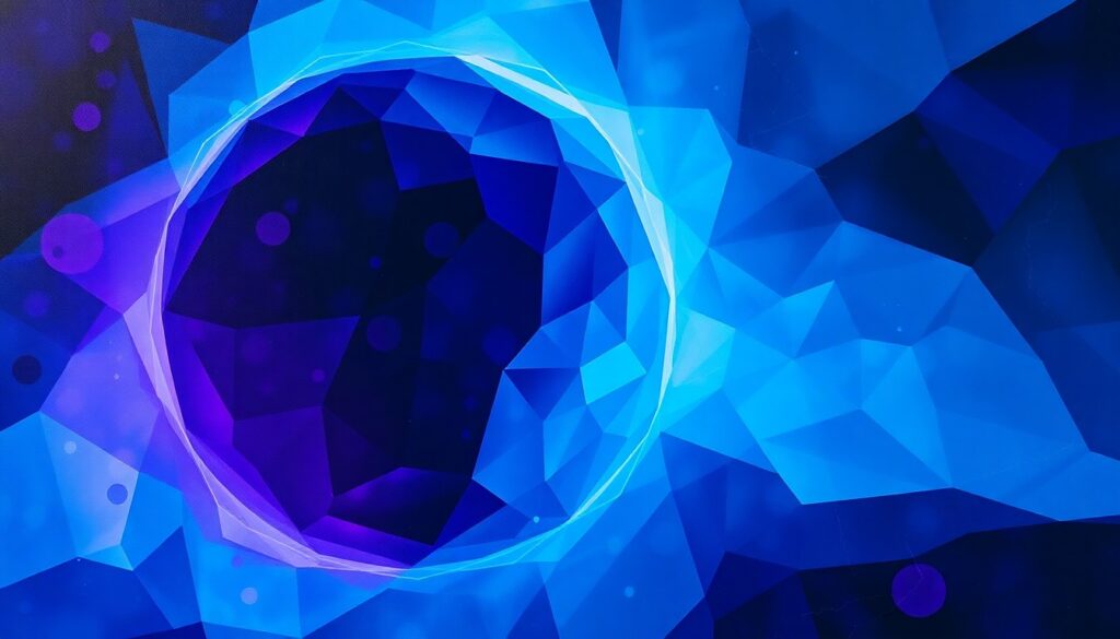 A dynamic, abstract painting featuring overlapping geometric shapes and waves of deep blue, violet, and indigo colors, conveying the mysterious and advanced nature of the UFO technology described in the news story.