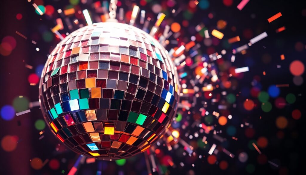 An extreme close-up photograph of a shattered disco ball reflecting colorful, glittering light, conveying the chaotic, high-energy party atmosphere of the game.