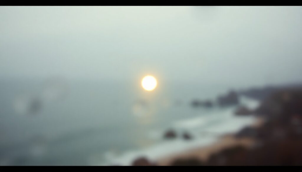An extremely abstract, out-of-focus photograph depicting a soft, glowing orb of light hovering over a blurred coastal landscape, surrounded by hazy, atmospheric pools of warm color, conceptually representing the unexplained UFO sighting.