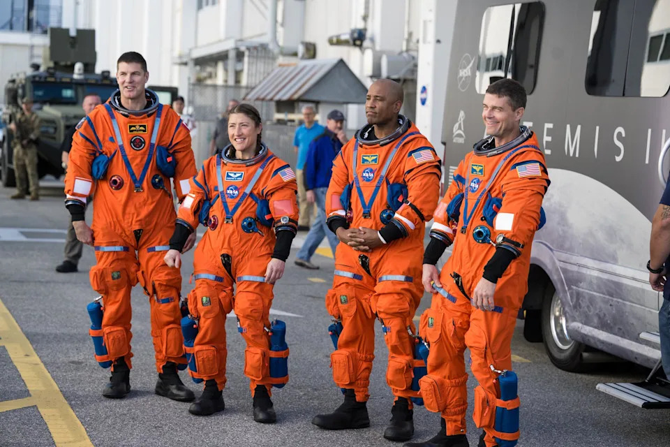Artemis II crew members, from right, Reid Wiseman, Victor Glover, Christina Koch and Canadian Space Agency astronaut Jeremy Hansen.