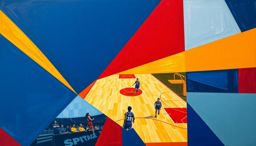 WNBA Expansion Draft Brings Back Houston Comets A dynamic, cubist-style painting depicting a WNBA basketball game broken down into fragmented geometric shapes and planes of color, conveying the fast-paced action and energy of the sport.