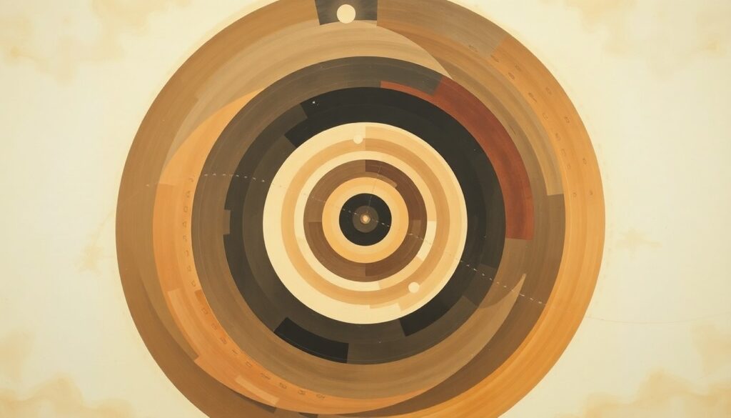 An abstract, geometric painting in soft earth tones depicting sweeping arcs, concentric circles, and precise spirals, representing the structural order and unseen forces of the universe.
