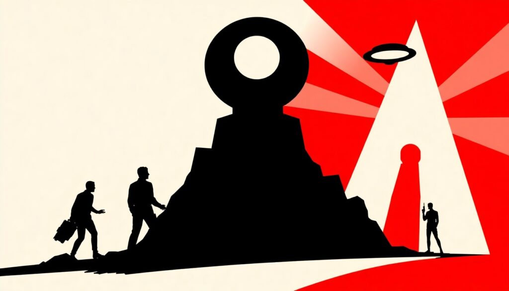 Hollywood’s Decades-Long Narrative on UFOs and Extraterrestrials A bold, abstract composition of jagged geometric shapes in high-contrast red and black, conceptually representing the tension between Hollywood