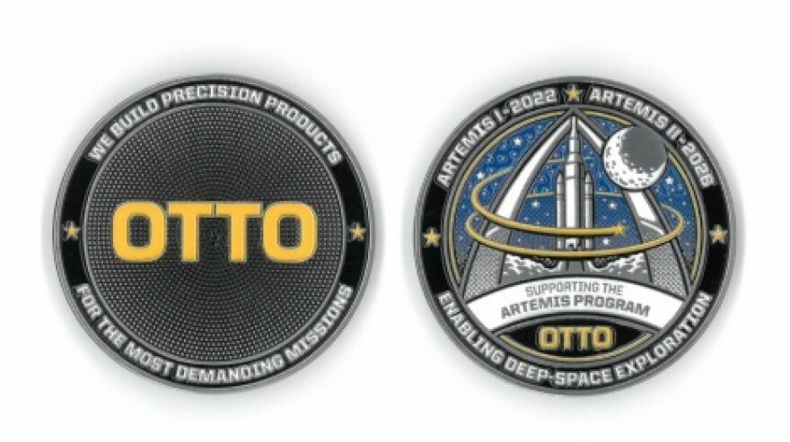 Commemorative coin designs for OTTO Engineering marking the Artemis II mission.