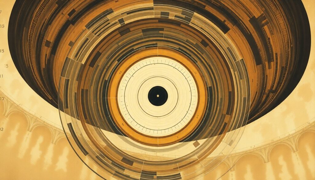 A highly structured abstract painting in muted earth tones, featuring sweeping geometric arcs, concentric circles, and precise spirals, conveying the complex scientific forces and concepts at the heart of the UFO research mystery.